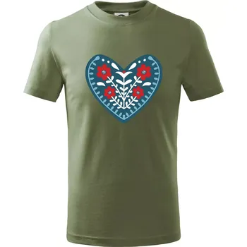 Folklor - srdce modré plné - Tričko dětské bavlněné - 98 cm / 2 roky ( Khaki )