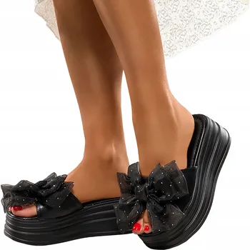 Dámské pantofle NAZOUVÁKY Dámské Černé Na Platformě Módní Ozdobná Mašle Pohodlné velikost 38