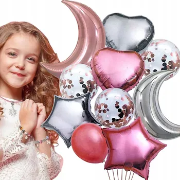 Balónek SADA BALÓNKŮ HVĚZDY MĚSÍC SRDCE KONFETY 10 KS BALÓNKY RŮŽOVO-STŘÍBRNÉ