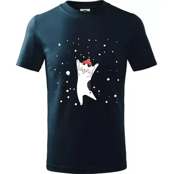 Chlapecké tričko Veselá kočka v zimní čepici - Tričko dětské bavlněné - 98 cm / 2 roky ( Námořní modrá (velmi tmavá - téměř černá) )