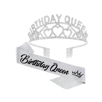 Party dekorace dovoz Sada Happy Queen - šerpa a korunka stříbrná