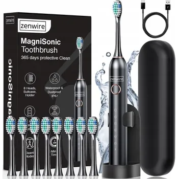 Elektrický zubní kartáček Sonický kartáček Zenwire černý, akumulátorový, 8 náhradních hlavic, 6 režimů, USB-C