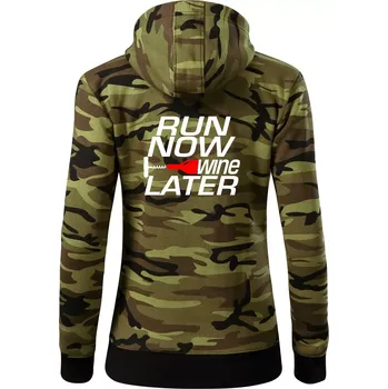 Dámská mikina Run now Wine later - Dámská mikina trendy zipper s kapucí - S ( Zelený maskáč )