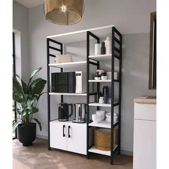 regál Kuchyňský regál 2D FLAGEN 84 cm, lamino matná bílá, kov černý matný lak