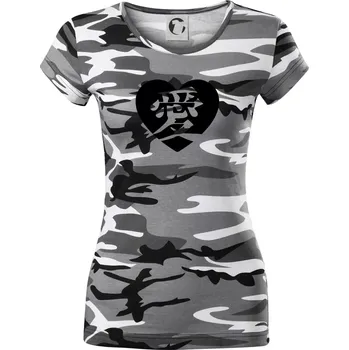 Dámské tričko Láska japonština čínština - Dámské maskáčové triko - L ( Šedý maskáč )