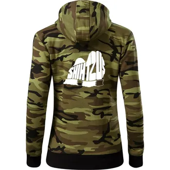 Dámská mikina Shih-tzu - nápis v těle - Dámská mikina trendy zipper s kapucí - S ( Zelený maskáč )