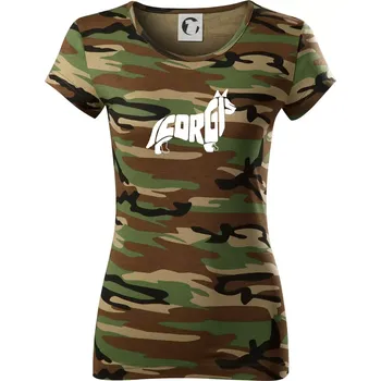 Dámské tričko Corgi - nápis v těle - Dámské maskáčové triko - XS ( Hnědý maskáč )