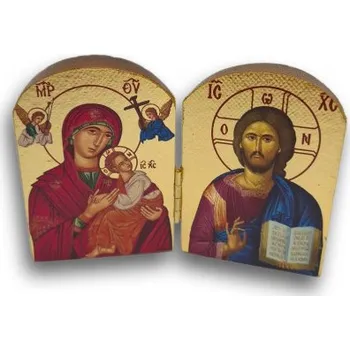 Dřevěná hračka „Ticho, které hřeje“ – Dřevěný diptych s Kristem Pantokratorem a Pannou Marií Glykofilousa