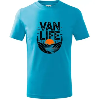 Van life a Západ slunce - Tričko dětské bavlněné - 98 cm / 2 roky ( Světlý tyrkys )