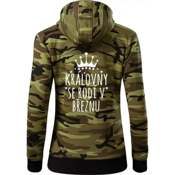 Dámská mikina Královny se rodí v březnu - Dámská mikina trendy zipper s kapucí - XL ( Zelený maskáč )