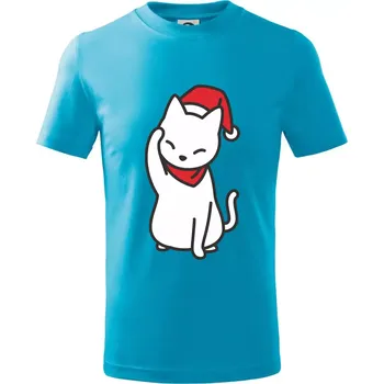 Vánoční kočka mávající - Tričko dětské bavlněné - 98 cm / 2 roky ( Světlý tyrkys )