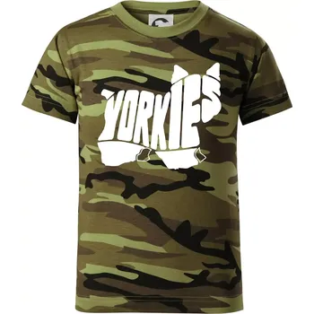 Jorkšírský teriér - Yorkie - Nápis v těle - Dětské maskáčové triko - 104-110cm / 3-4 roky ( Zelený maskáč )