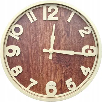 Hodiny MODERNÍ HODINY NA ZEĎ S DŘEVĚNÝM CIFERNÍKEM A KRÉMOVÝMI PRVKY VELKÉ 35 cm