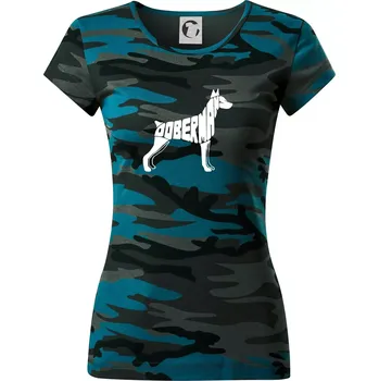 Dobrmans - nápis v tělě - Dámské maskáčové triko - M ( Petrolejová maskáč )