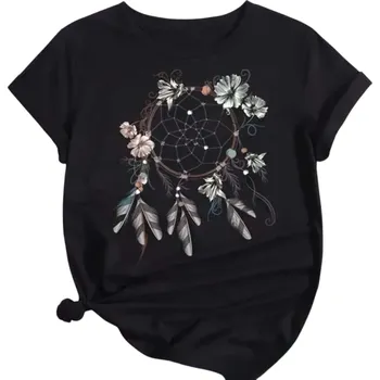 Dámské tričko Černé dámské tričko s potiskem lapače snů Květiny a pírka Krátký rukáv Kulatý výstřih Volný střih Stylová volnočasová móda XS