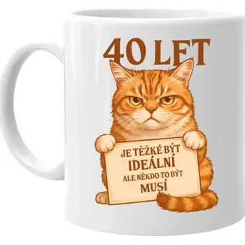 Žertovný předmět 40 let – Je těžké být ideální - hrnek s potiskem- Tričkový.cz