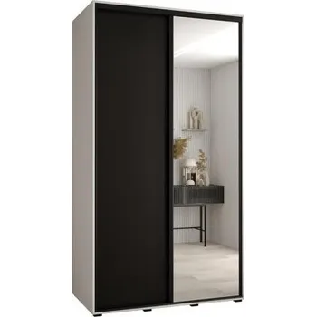 Šatní skříň Šatní skříň s posuvnými dveřmi a zrcadlem DAVOS 140cm | Bílá / černá / černé pojezdy