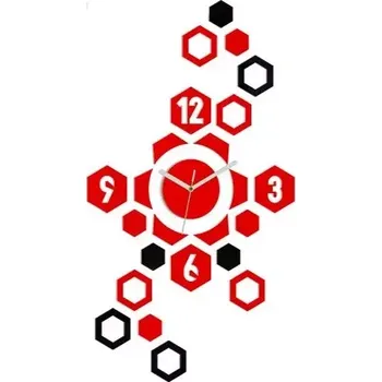 Hodiny 3D nalepovací hodiny Hexagon červené-černé