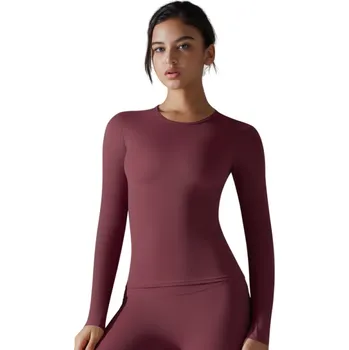 Elastické sportovní tričko s dlouhým rukávem Přiléhavý bezešvý top Funkční rychleschnoucí prádlo na trénink Jóga Fitness Cvičení vínová L