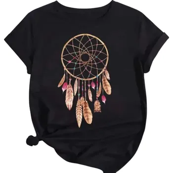 Dámské tričko Černé dámské tričko s potiskem lapače snů Pírka a korálky Krátký rukáv Kulatý výstřih Volný střih Stylový boho outfit na každý den XL
