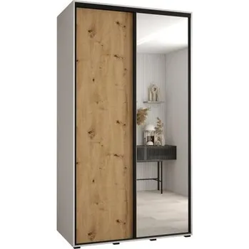 Šatní skříň Šatní skříň s posuvnými dveřmi a zrcadlem DAVOS 140cm | Bílá / DUB Artisan / černé pojezdy