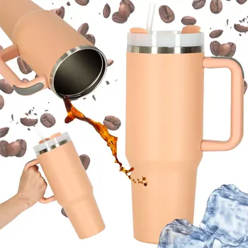 Termohrnek KIK Termohrnek s brčkem a rukojetí termoska pudrově růžový 1200 ml