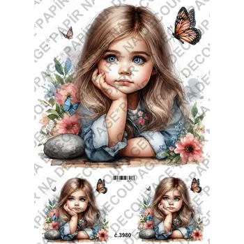 Umělecký papír Rýžový a soft papír na decoupage - Holčička s motýlem - KB03980 Materiál: Soft, Rozměr: A4