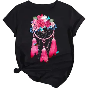 Dámské tričko Černé dámské tričko s růžovým lapačem snů Květiny a pírka Krátký rukáv Kulatý výstřih Volný střih Romantický boho styl s motýly XS