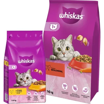 Krmivo pro kočku WHISKAS Adult 14kg - suché krmivo pro kočky s hovězím masem a zeleninou & WHISKAS Adult 3,8kg - suché krmivo pro dospělé kočky s lahodným kuřecím masem