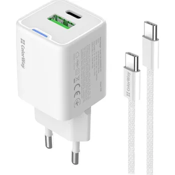 Tablet COLORWAY 1x USB-C/ 1x USB-A/ síťová nabíječka/ GaN/ PD/ PPS/ 20W/ Bílá + 1x USB-C kabel