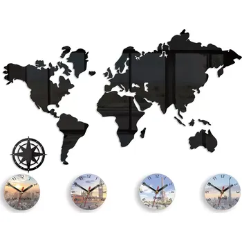 3D nalepovací hodiny World map černá