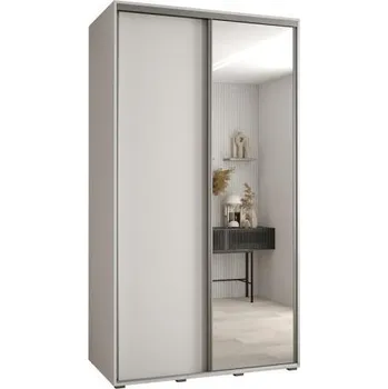 Šatní skříň Šatní skříň s posuvnými dveřmi a zrcadlem DAVOS 140 cm | Bílá / stříbrné pojezdy