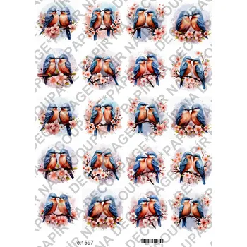 Umělecký papír Rýžový a soft papír na decoupage - Ptáček s květinou - KB01597 Materiál: Soft, Rozměr: A4