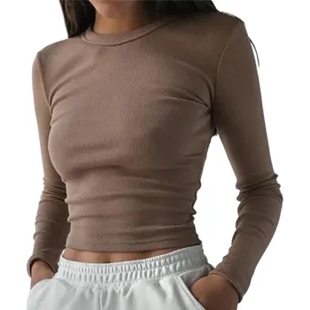 Dámské tričko Dámské žebrované tričko s dlouhým rukávem Přiléhavý střih Elastický materiál Elegantní crop top do pasu Ideální pro každodenní outfit hnědá L