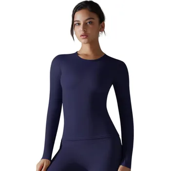 Dámské tričko Elastické sportovní tričko s dlouhým rukávem Přiléhavý bezešvý top Funkční rychleschnoucí prádlo na trénink Jóga Fitness Cvičení tmavě modrá M