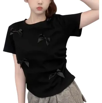 Dámské tričko Dámské tričko s dekorativními mašlemi Elegantní volný střih Krátký rukáv Měkký materiál Stylový detail pro každodenní nošení černá S