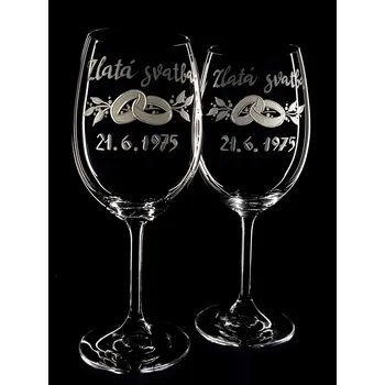Sklenice svatební skleničky 2ks Lara 450ml zlatá svatba - ručně ryté (broušené) s rytinou poupat, datumu, dárková krabička