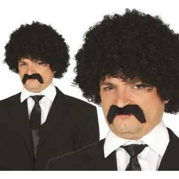 Pánská černá kudrnatá paruka s knírem