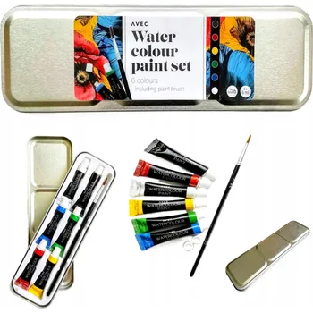 Výtvarná sada Sada akvarelových barev AVEC – 6 barev + štětec v kovovém pouzdře