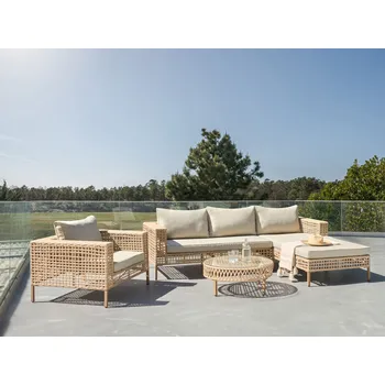Sedací souprava 4místná zahradní rohová sedací souprava béžová umělý ratan levostranná s polštáři se stolkem a křeslem moderní styl exteriér Beliani