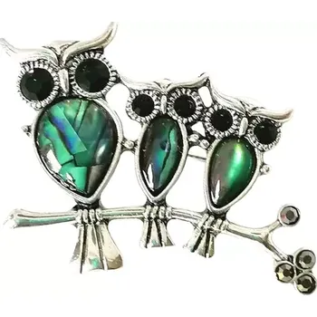 Brož Brož a přívěsek Tři sovičky z paua mušle (abalone)