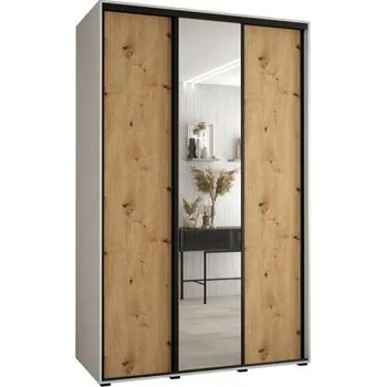 Šatní skříň Šatní skříň s posuvnými dveřmi a zrcadlem DAVOS 150cm | Bílá / DUB Artisan / černé pojezdy