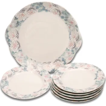 Talíř Thun 1794 Koláčová porcelánová souprava, růžičky, Thun, 7 d.