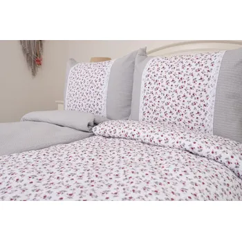 Povlečení Podpěrová s.r.o. Krepové povlečení KYTIČKA BORDÓ / šedý proužek S KRAJKOU Velikost: 140x200 (1x), 70x90 cm krajka (1x)