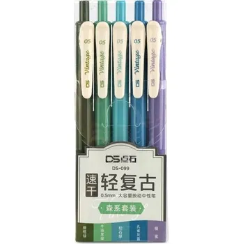 Sada 5 ks zeleno-modrých gelových per 0,5 mm Vintage psací potřeby Zatahovací rychleschnoucí inkoust Kreslení Plánování Kancelář 145 mm