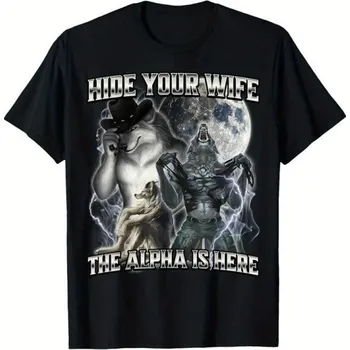 Černé pánské tričko s potiskem vlků a nápisem Hide Your Wife The Alpha Is Here Vtipné tričko s motivem úplňku Bavlněné tričko pro milovníky vlků XS