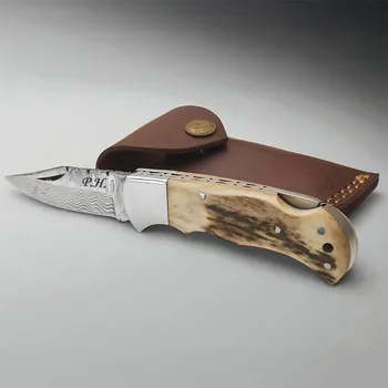 kapesní nůž Exkluzivní zavírací nůž z nerezové damascénské oceli a rukojetí z paroží jelena Steel
