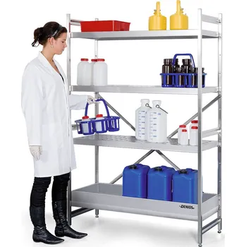 Dílenský regál Regál na malé nádoby, nerez, základní pole, 3 děrované plechy, záchytná vana, 1200 x 500 x 1800 mm
