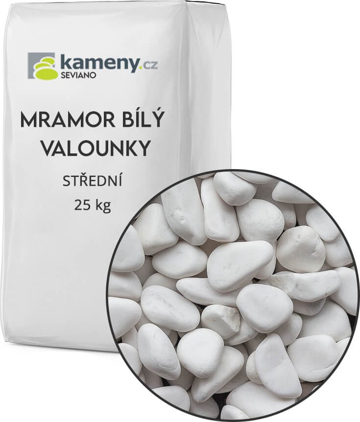 Kameny.cz Okrasné kameny mramor bílý valounky Vyberte si balení: 25 kg, Vyberte si velikostní frakci: Střední