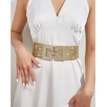 Opasek Accessories Italy Dámský zlatý elastický pásek, opasek se zlatou sponou ze štrasu 74 cm